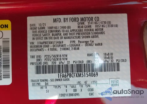 2021 Ford Mustang Gt z USA, uszkodzony, nr VIN 1FA6P8CFXM5154069